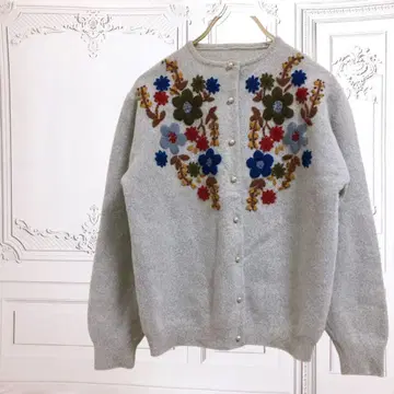 가디건 플라워/꽃무늬 자수 [F] 그레이 펄 니트 긴팔 고급