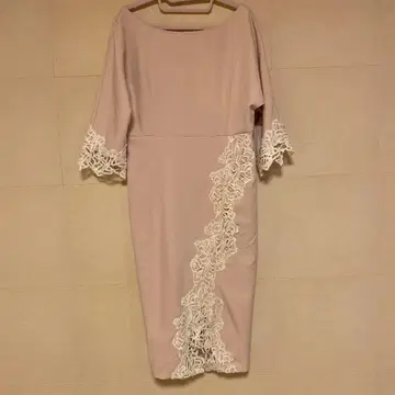 베이지 7부 소매 원피스 레이스 장식 포함