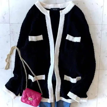 새상품급 언타이틀 울 혼방 트위드풍 크루넥 가디건 블랙 M