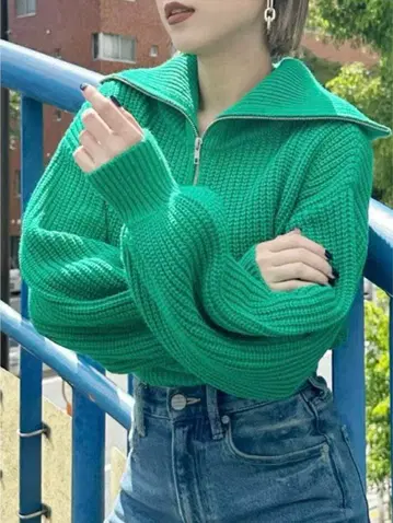 MURUA ZIP 숏 니트 그린