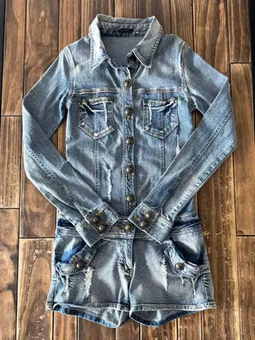 빈티지 긴팔 데님 올인원 여성용 L 데미지 가공 구제 의류
