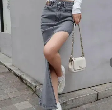 [ 완판템 ] Randy 사이드 컷 데님 롱 스커트