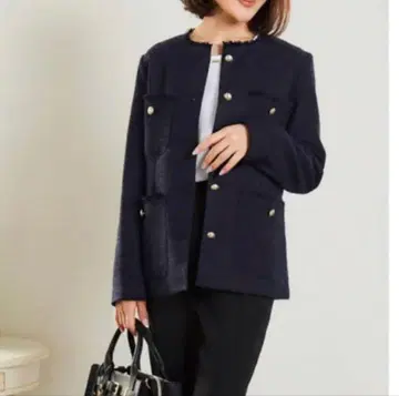 새상품 레이나 호시 다크 네이비 노카라 롱 트위드 자켓 네이비 L