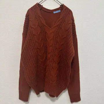 SUCRE NEIGE 오렌지 브라운 V넥 케이블 니트