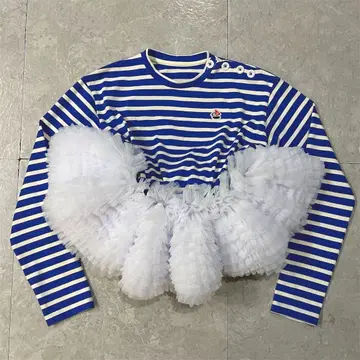 [ 미사용 새상품 ] Bibiy. 보더 무늬 볼륨 프릴 상의