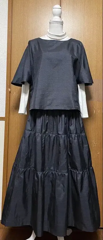 기모노 리메이크 남색 계열 오시마 셋업 플레어 소매 상의 & 캉캉 스커트