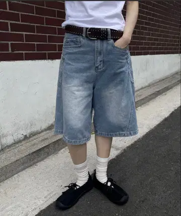 웨이브 벌룬 워시드 유니크 사이드 포켓 버뮤다 하프 팬츠 데님