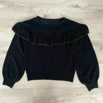 미아 긴팔 니트 블랙 F 프릴 퍼프 슬리브 크롭 기장 무지 라메