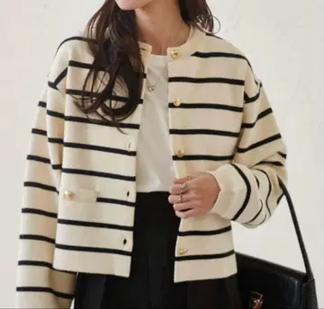[새상품] RANAN 스트라이프 골드톤 버튼 니트 가디건 보더 마린 M