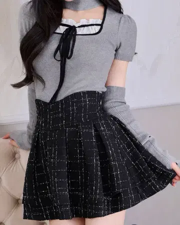 미셸 마카롱 트위드 스커트 슬림 레그 스커트 S 블랙