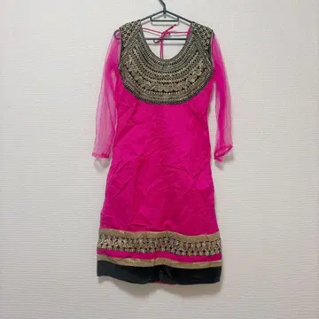 민족 의상 인도 사리풍 드레스 골드 자수 핑크 시어 소매