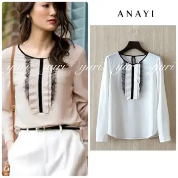 [ 785 ] 아나이 플리츠 프릴 긴팔 블라우스 화이트 블랙 38