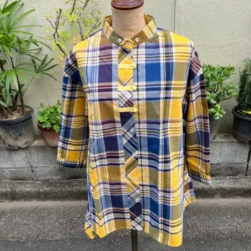 카슈에트 빅 타탄 디자인 차이나 옷깃 버튼 7부 소매 셔츠