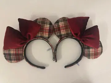 디즈니 머리띠 체크 무늬 빨간색 리본 페어 가을/겨울