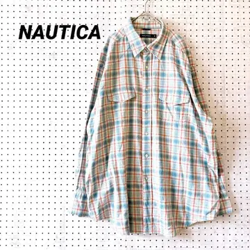 노티카 체크 셔츠 긴팔 넉넉한 (XL) 면 100% 라이트 블루