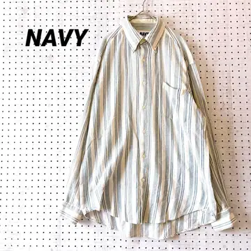 네이비 스트라이프 셔츠 긴팔 색스 블루 (L) 면 100% 캐주얼