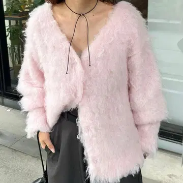 mystic 울 혼방 샤기 가디건 핑크