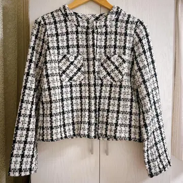 체크 무늬 노카라 자켓