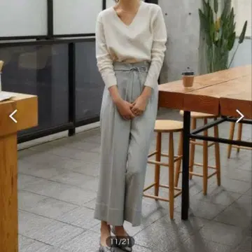 새시 벨트 턱 와이드 팬츠 그레이