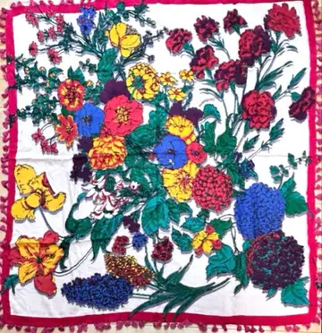 미사용 새상품 manipuri 플라워 프린트 울 실크 폼폼 스톨