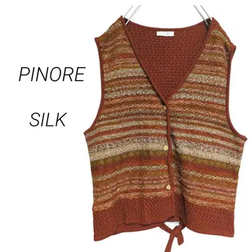 [ 피노레 ] 빈티지 니트 베스트 실크 혼방 랜덤 보더 브라운 실크