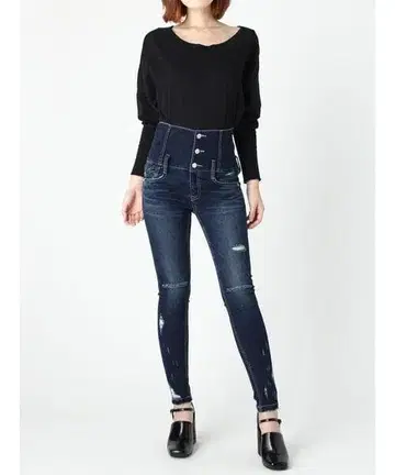 EMODA 하이웨스트 3버튼 데미지 코르셋 디자인 데님 팬츠