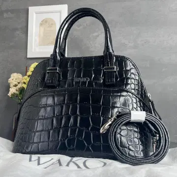 컨디션 최상 WAKO 천연 가죽 2way 핸드백 악어 엠보싱 포멀 블랙