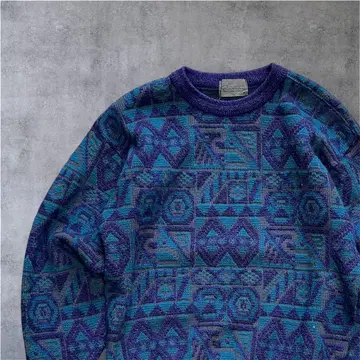 3D 입체편직 디자인 니트 올 패턴 기하학 패턴 레트로 스웨터 블루 계열