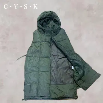 [ 새상품급 ] C.Y.S.K. 올리브 그린 사이드 리본 롱 다운 베스트
