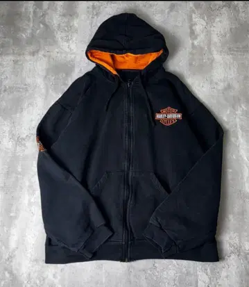 HARLEY-DAVIDSON 자수 로고 두툼한 맨투맨 지퍼 후드티 블랙