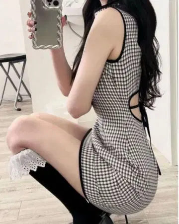 Darich 택 포함 미사용 새상품 허리 오픈 체크 미니 원피스