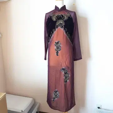 베트남 아오자이 골드 라메 벨로아 시스루