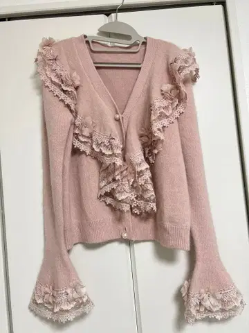 미사용 가을 옷 프릴 달린 핑크 니트 가디건 귀여운