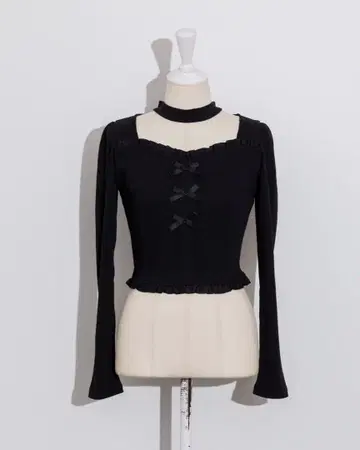 pium 프론트 리본 초커 티셔츠 티셔츠 블랙