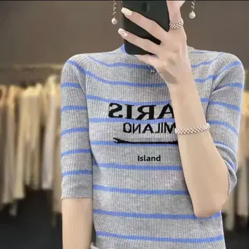 PARIS MILANO 반팔 니트 그레이 스카이블루 스트라이프