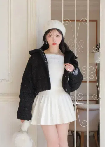 Mmeeme Ribbon tweed short down jacket