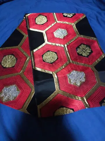 후쿠로 오비 블랙 금 빨간색 은 거북이 등껍질 문양 꽃 육통 무늬 앤티크