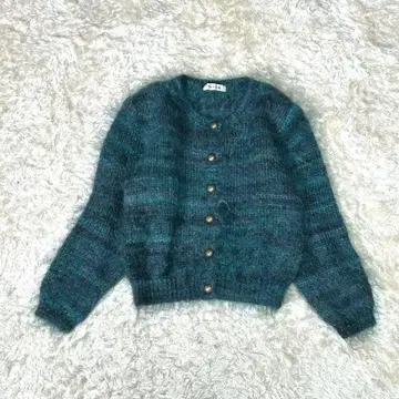 모헤어 니트 가디건 골드 버튼 로우 게이지 그린 계열 레트로
