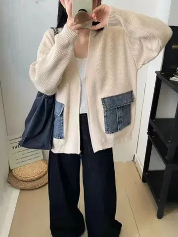 데님 포켓 부착 니트 가디건 / 3color