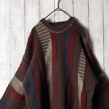 구제 의류 3D 디자인 니트 올 패턴 브라운 버건디 멀티 컬러 빅 루즈