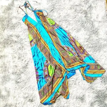 올 패턴 빈티지 비대칭 에스닉 멀티 컬러 원피스 레어