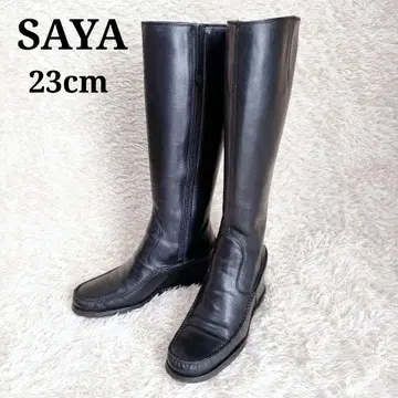 SAYA 롱 부츠 사이드 지퍼 가죽 플랫 블랙 23cm