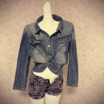 Y2K 00s 라이트 블루 크롭 데님 자켓 그런지 피치