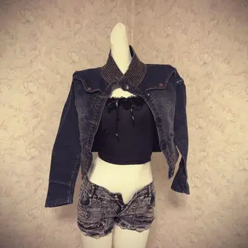 헤이세이 갸루 기믹 다크 블루 크롭 데님 자켓 피치