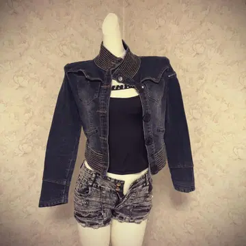 헤이세이 갸루 기믹 다크 블루 크롭 데님 자켓 피치 Y2K