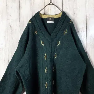 90s 영국제 FEZ9 케이블 니트 V넥 그린 빅 루즈 레트로