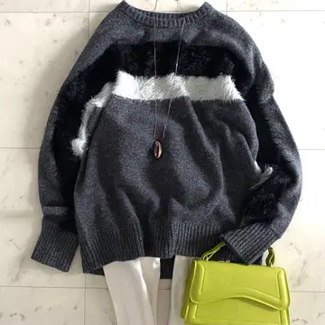 새상품급 모라비토 더블 퍼 믹스 디자인 니트 울 실크 38