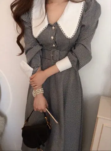 [ Jasmine ] 깅엄 체크 프렌치 걸리시 블라우스 플레어 원피스