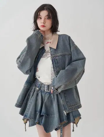 아지메 밑단 데님 미니 스커트 루즈 워크 자켓 jouetie 세트