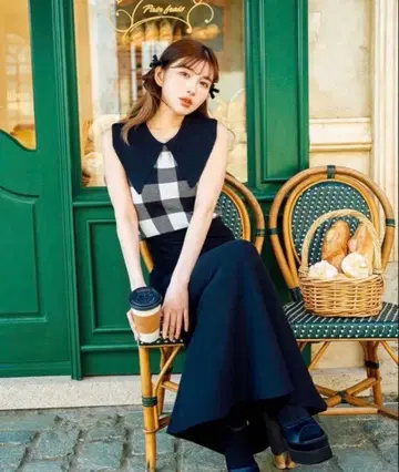 다리치 Darich 빅 칼라 깅엄 체크 니트 롱 원피스